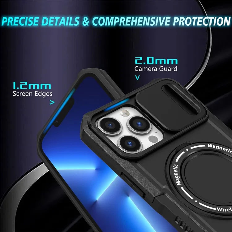 For iPhone 13 Pro Max 6.7 inch Magnetic Case with Sliding Camera Cover Kickstand Shockproof Phone Shell