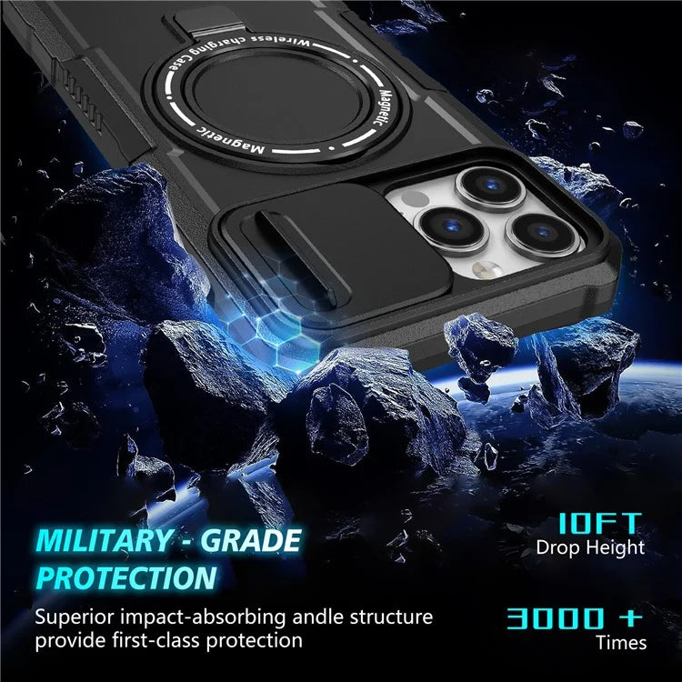For iPhone 13 Pro Max 6.7 inch Magnetic Case with Sliding Camera Cover Kickstand Shockproof Phone Shell