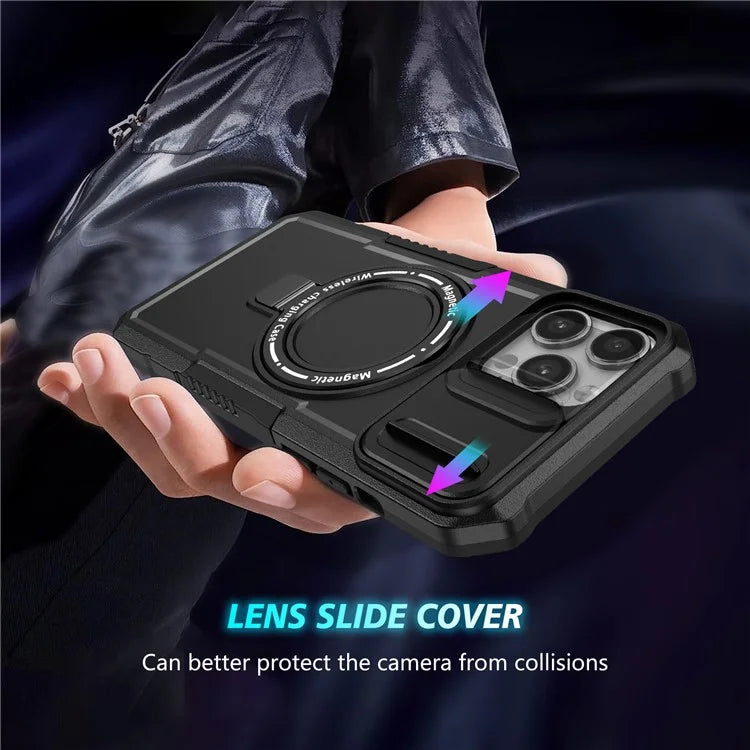 For iPhone 13 Pro Max 6.7 inch Magnetic Case with Sliding Camera Cover Kickstand Shockproof Phone Shell