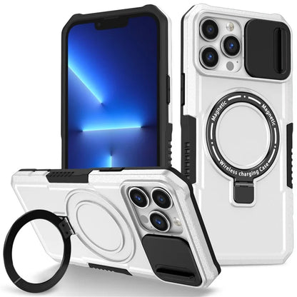 For iPhone 13 Pro Max 6.7 inch Magnetic Case with Sliding Camera Cover Kickstand Shockproof Phone Shell  /  White