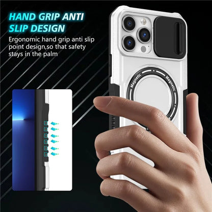 For iPhone 13 Pro Max 6.7 inch Magnetic Case with Sliding Camera Cover Kickstand Shockproof Phone Shell  /  White