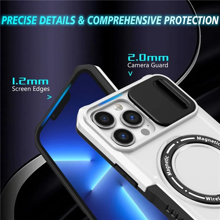 For iPhone 13 Pro Max 6.7 inch Magnetic Case with Sliding Camera Cover Kickstand Shockproof Phone Shell  /  White
