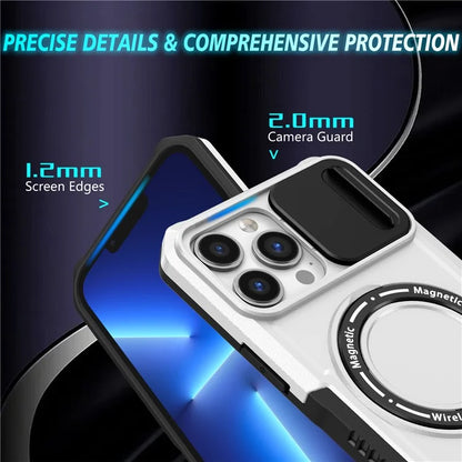 For iPhone 13 Pro Max 6.7 inch Magnetic Case with Sliding Camera Cover Kickstand Shockproof Phone Shell  /  White