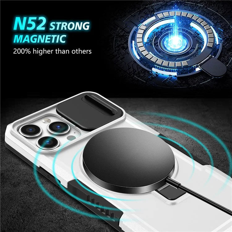 For iPhone 13 Pro Max 6.7 inch Magnetic Case with Sliding Camera Cover Kickstand Shockproof Phone Shell  /  White