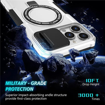 For iPhone 13 Pro Max 6.7 inch Magnetic Case with Sliding Camera Cover Kickstand Shockproof Phone Shell  /  White