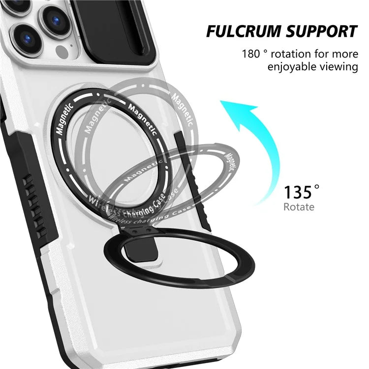 For iPhone 13 Pro Max 6.7 inch Magnetic Case with Sliding Camera Cover Kickstand Shockproof Phone Shell  /  White
