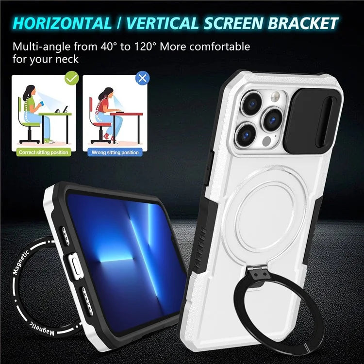For iPhone 13 Pro Max 6.7 inch Magnetic Case with Sliding Camera Cover Kickstand Shockproof Phone Shell  /  White