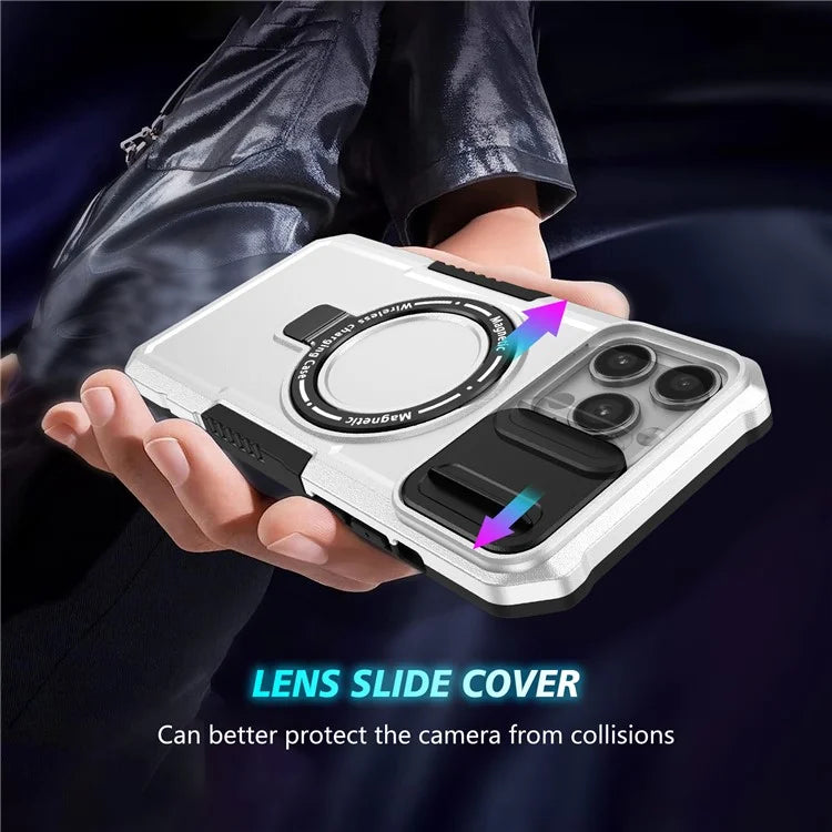For iPhone 13 Pro Max 6.7 inch Magnetic Case with Sliding Camera Cover Kickstand Shockproof Phone Shell  /  White