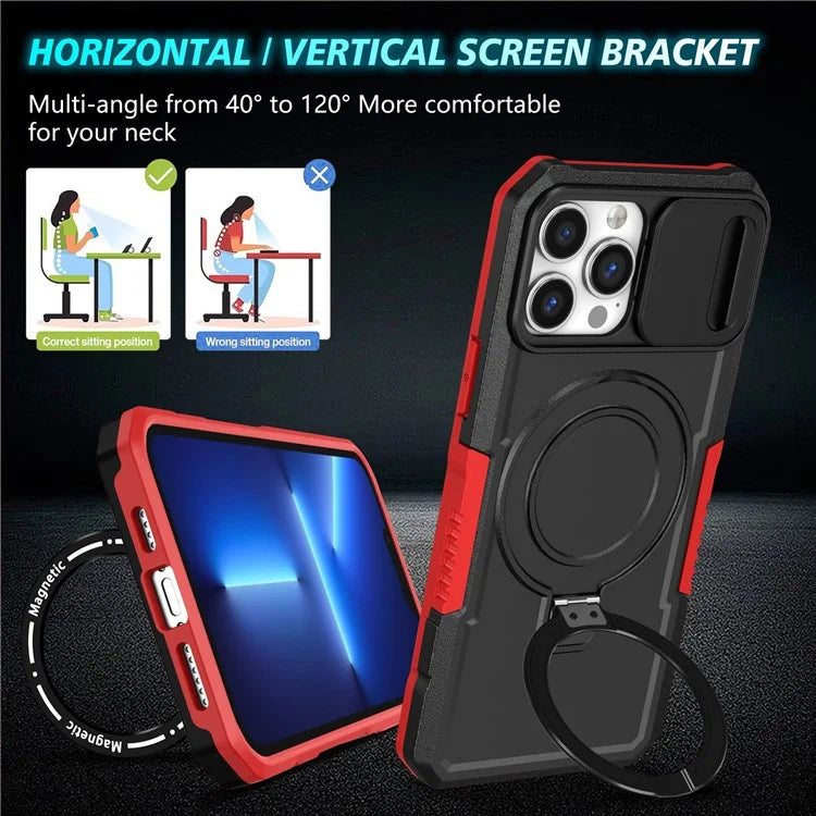 For iPhone 13 Pro Max 6.7 inch Magnetic Case with Sliding Camera Cover Kickstand Shockproof Phone Shell