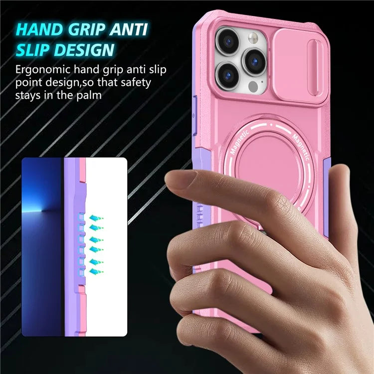 For iPhone 13 Pro Max 6.7 inch Magnetic Case with Sliding Camera Cover Kickstand Shockproof Phone Shell