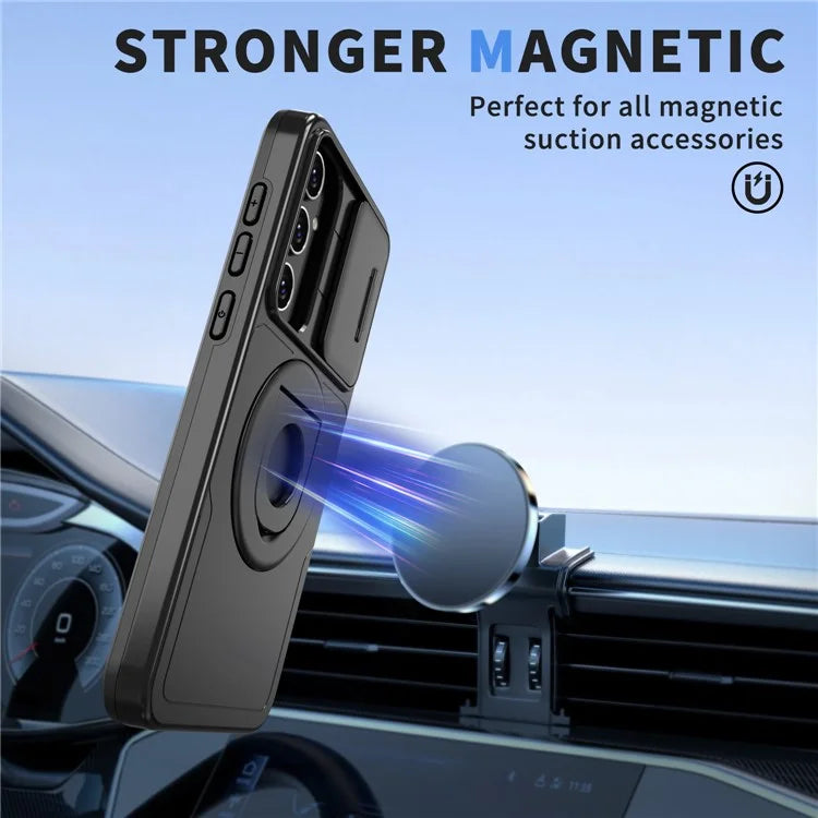 For Samsung Galaxy A55 5G Case Magnetic Kickstand TPU+PC Phone Cover with Slide Lens Lid