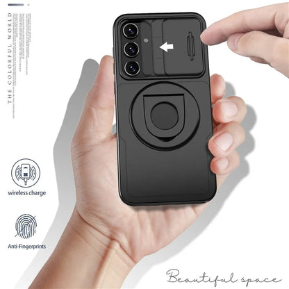 For Samsung Galaxy A55 5G Case Magnetic Kickstand TPU+PC Phone Cover with Slide Lens Lid