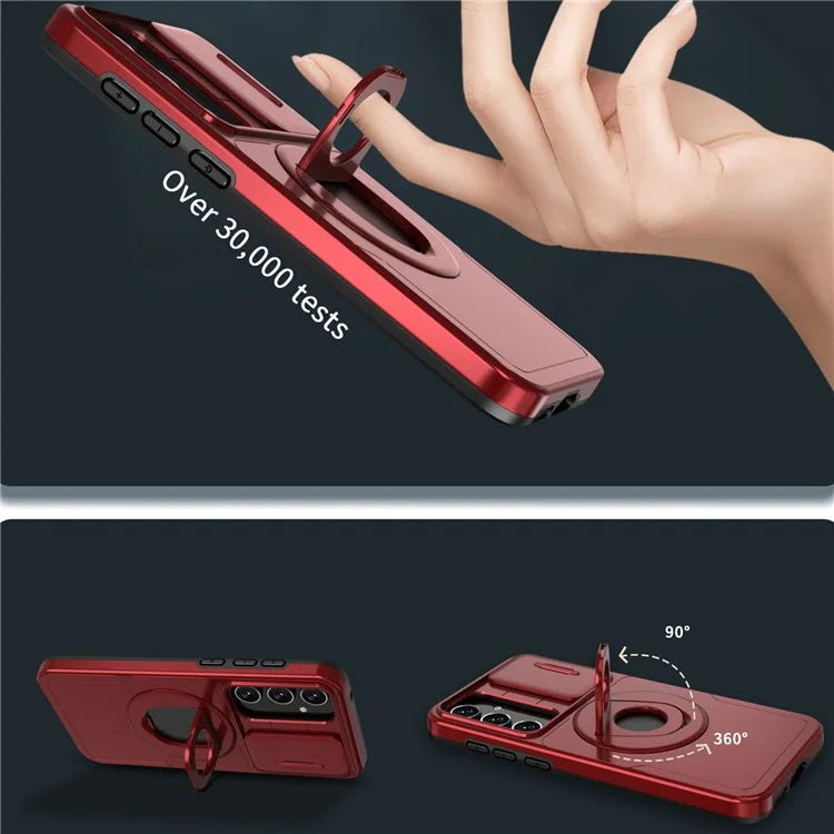 For Samsung Galaxy A55 5G Case Magnetic Kickstand TPU+PC Phone Cover with Slide Lens Lid