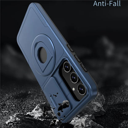 For Samsung Galaxy A55 5G Case Magnetic Kickstand TPU+PC Phone Cover with Slide Lens Lid
