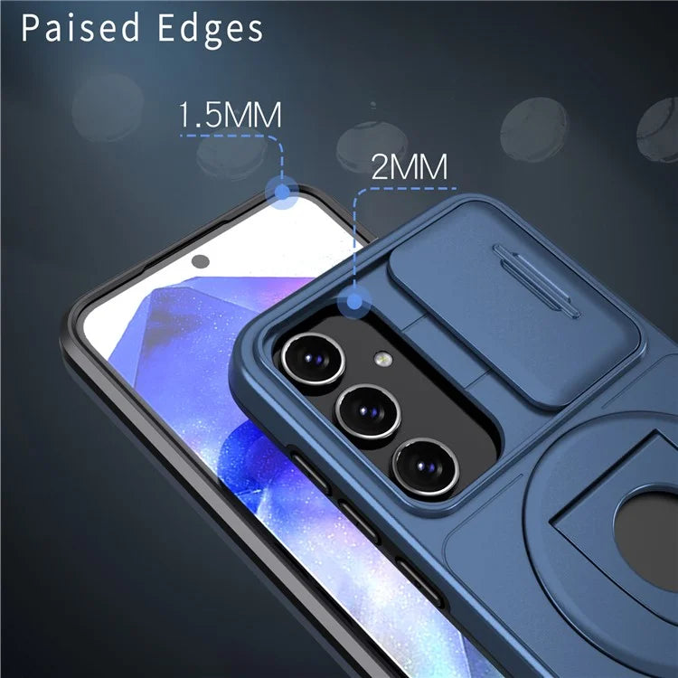 For Samsung Galaxy A55 5G Case Magnetic Kickstand TPU+PC Phone Cover with Slide Lens Lid