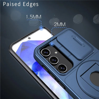 For Samsung Galaxy A55 5G Case Magnetic Kickstand TPU+PC Phone Cover with Slide Lens Lid