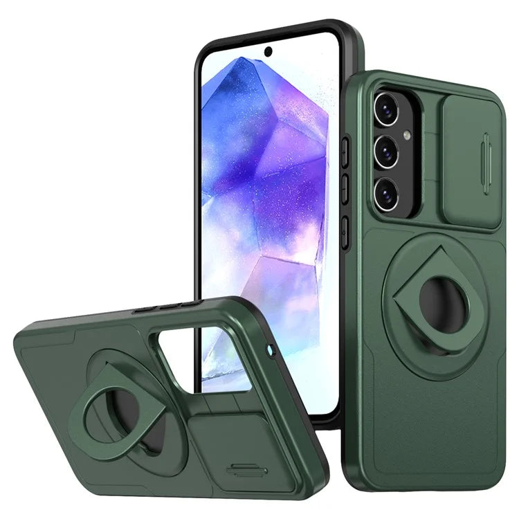 For Samsung Galaxy A55 5G Case Magnetic Kickstand TPU+PC Phone Cover with Slide Lens Lidish Green