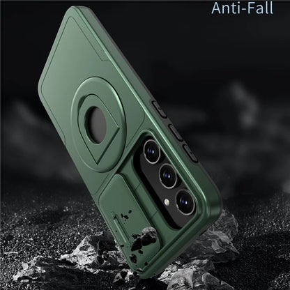 For Samsung Galaxy A55 5G Case Magnetic Kickstand TPU+PC Phone Cover with Slide Lens Lidish Green