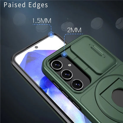 For Samsung Galaxy A55 5G Case Magnetic Kickstand TPU+PC Phone Cover with Slide Lens Lidish Green