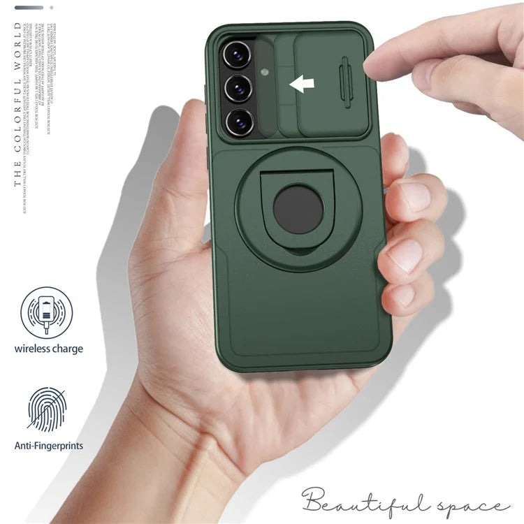 For Samsung Galaxy A55 5G Case Magnetic Kickstand TPU+PC Phone Cover with Slide Lens Lidish Green