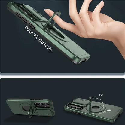 For Samsung Galaxy A55 5G Case Magnetic Kickstand TPU+PC Phone Cover with Slide Lens Lidish Green