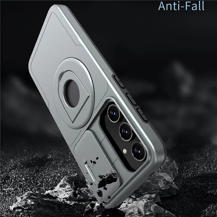 For Samsung Galaxy A55 5G Case Magnetic Kickstand TPU+PC Phone Cover with Slide Lens Lid