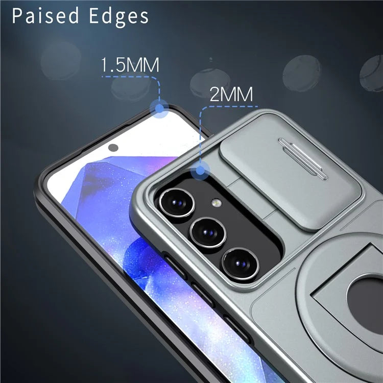 For Samsung Galaxy A55 5G Case Magnetic Kickstand TPU+PC Phone Cover with Slide Lens Lid