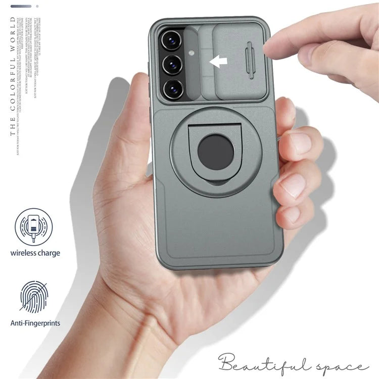 For Samsung Galaxy A55 5G Case Magnetic Kickstand TPU+PC Phone Cover with Slide Lens Lid