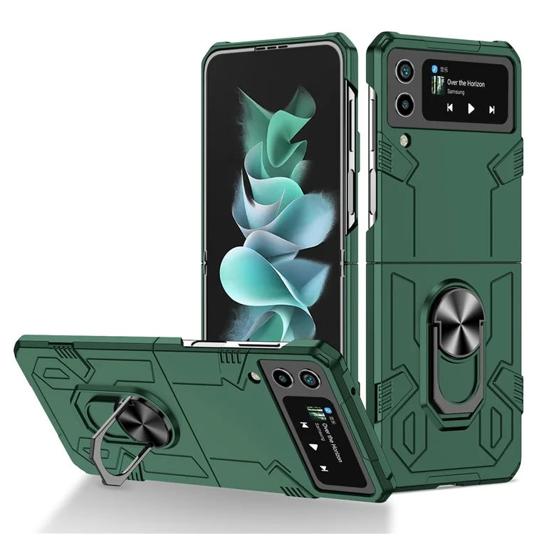 For Samsung Galaxy Z Flip4 5G Case Hard PC Ring Kickstand Phone Cover Support Magnetic Car Mountish Green
