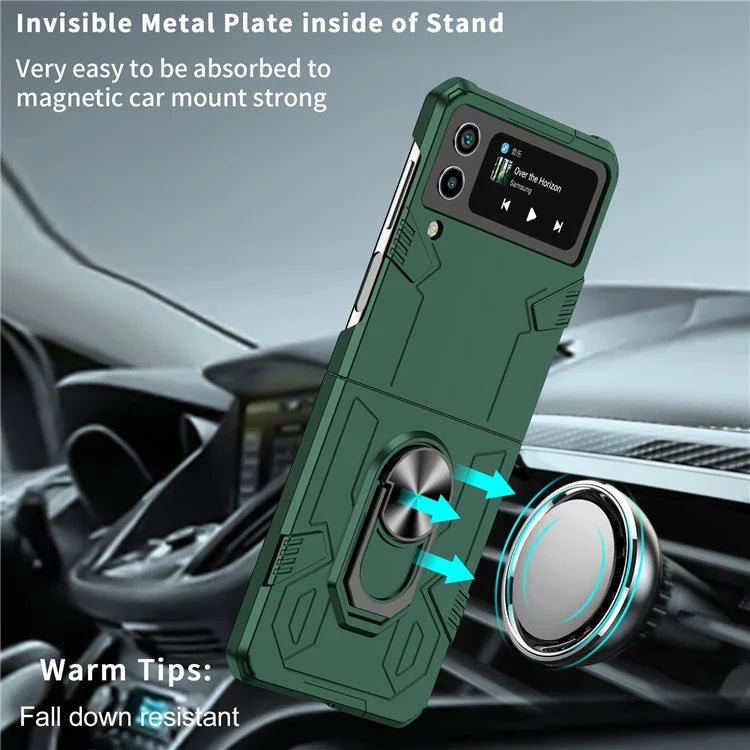 For Samsung Galaxy Z Flip4 5G Case Hard PC Ring Kickstand Phone Cover Support Magnetic Car Mountish Green
