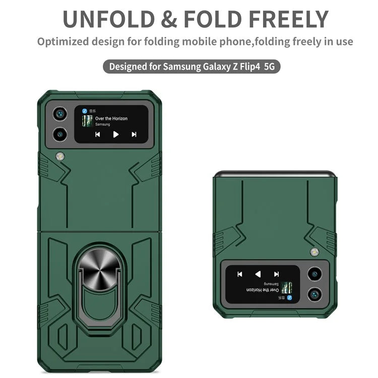 For Samsung Galaxy Z Flip4 5G Case Hard PC Ring Kickstand Phone Cover Support Magnetic Car Mountish Green