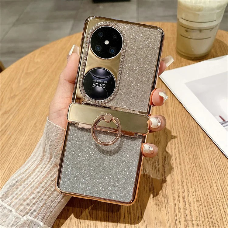 For Huawei Pocket 2 Phone Cover Glitter Design Hard PC Case with Ring Kickstand
