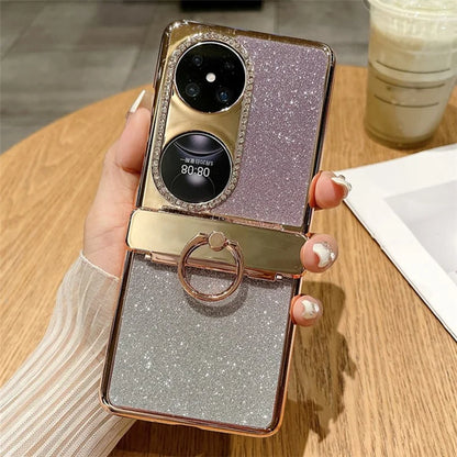 For Huawei Pocket 2 Phone Cover Glitter Design Hard PC Case with Ring Kickstand