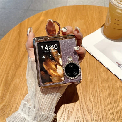 For Oppo Find N3 Flip 5G Case Glitter Design Hard PC Phone Cover with Ring Kickstand
