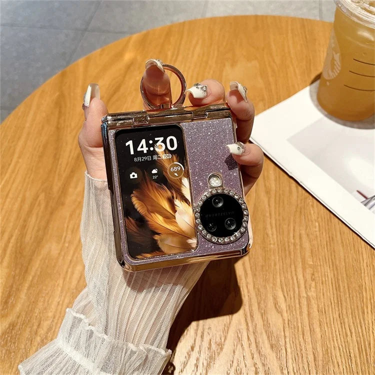 For Oppo Find N3 Flip 5G Case Glitter Design Hard PC Phone Cover with Ring Kickstand