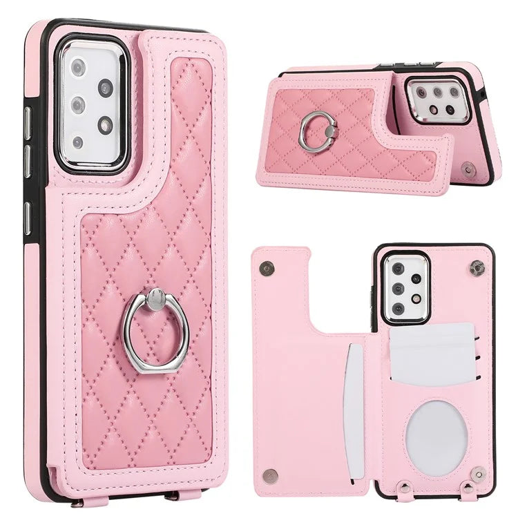 For Samsung Galaxy A53 5G Card Holder Case RFID Blocking Ring Kickstand Cover with Shoulder Strap