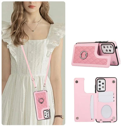 For Samsung Galaxy A53 5G Card Holder Case RFID Blocking Ring Kickstand Cover with Shoulder Strap