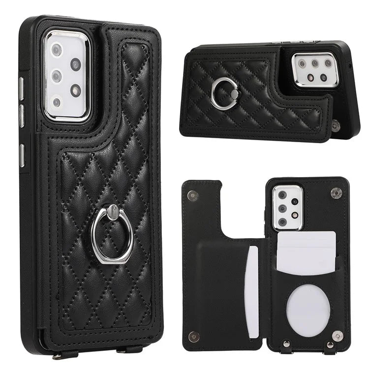 For Samsung Galaxy A53 5G Card Holder Case RFID Blocking Ring Kickstand Cover with Shoulder Strap