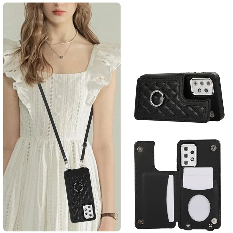 For Samsung Galaxy A53 5G Card Holder Case RFID Blocking Ring Kickstand Cover with Shoulder Strap