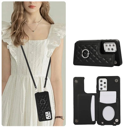 For Samsung Galaxy A53 5G Card Holder Case RFID Blocking Ring Kickstand Cover with Shoulder Strap