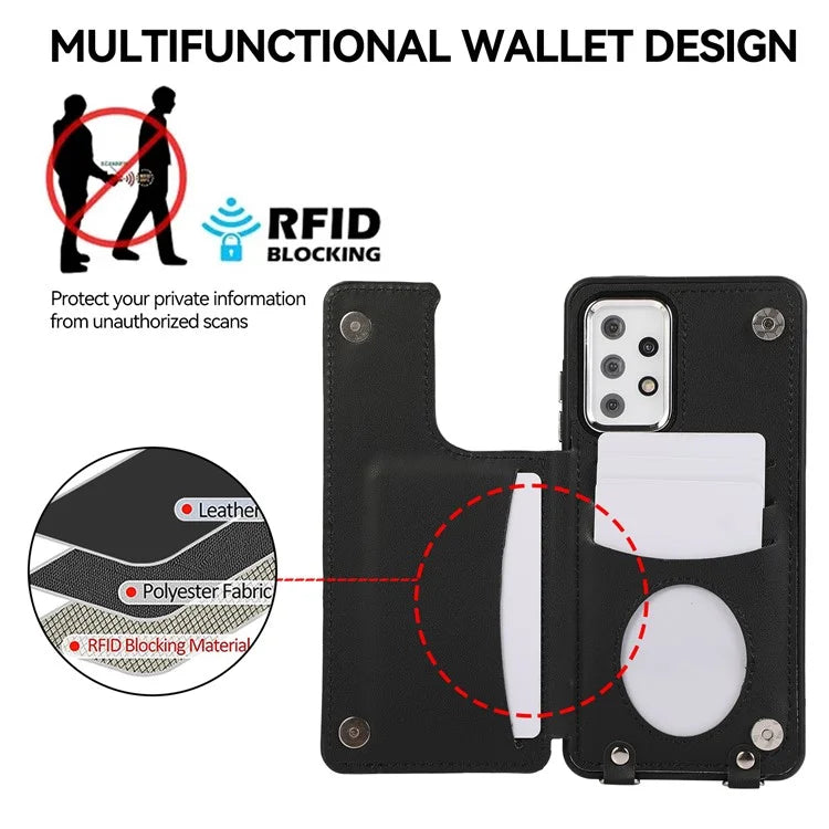 For Samsung Galaxy A53 5G Card Holder Case RFID Blocking Ring Kickstand Cover with Shoulder Strap