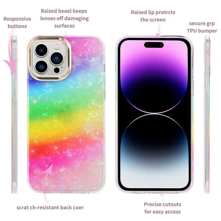 For iPhone 14 Pro Max Case Pattern IMD Design PC+TPU Phone Cover with Electroplating Lens Frame
