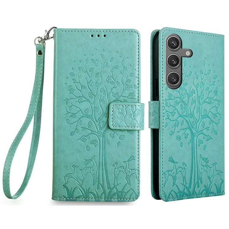 For Samsung Galaxy S24 Case Deer Tree Pattern Leather Wallet Flip Phone Cover