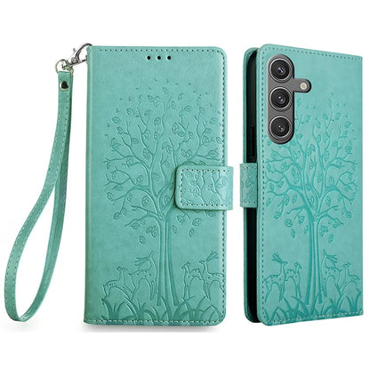 For Samsung Galaxy S24 Case Deer Tree Pattern Leather Wallet Flip Phone Cover