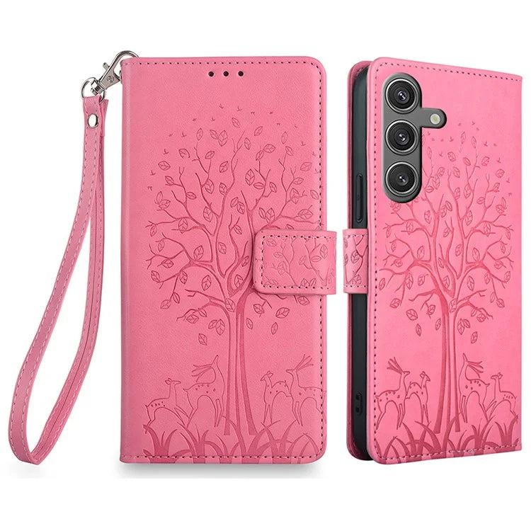 For Samsung Galaxy S24 Case Deer Tree Pattern Leather Wallet Flip Phone Cover