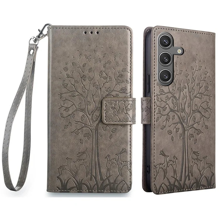 For Samsung Galaxy S24 Case Deer Tree Pattern Leather Wallet Flip Phone Cover