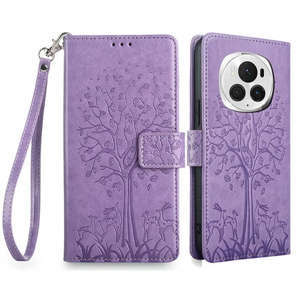 For Honor Magic6 Pro 5G Leather Case Deer Tree Pattern Wallet Cell Phone Cover