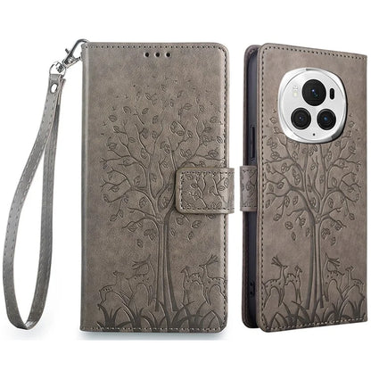 For Honor Magic6 Pro 5G Leather Case Deer Tree Pattern Wallet Cell Phone Cover