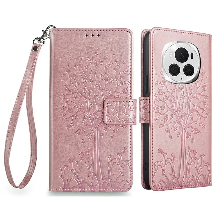For Honor Magic6 Pro 5G Leather Case Deer Tree Pattern Wallet Cell Phone Cover