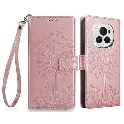For Honor Magic6 Pro 5G Leather Case Deer Tree Pattern Wallet Cell Phone Cover